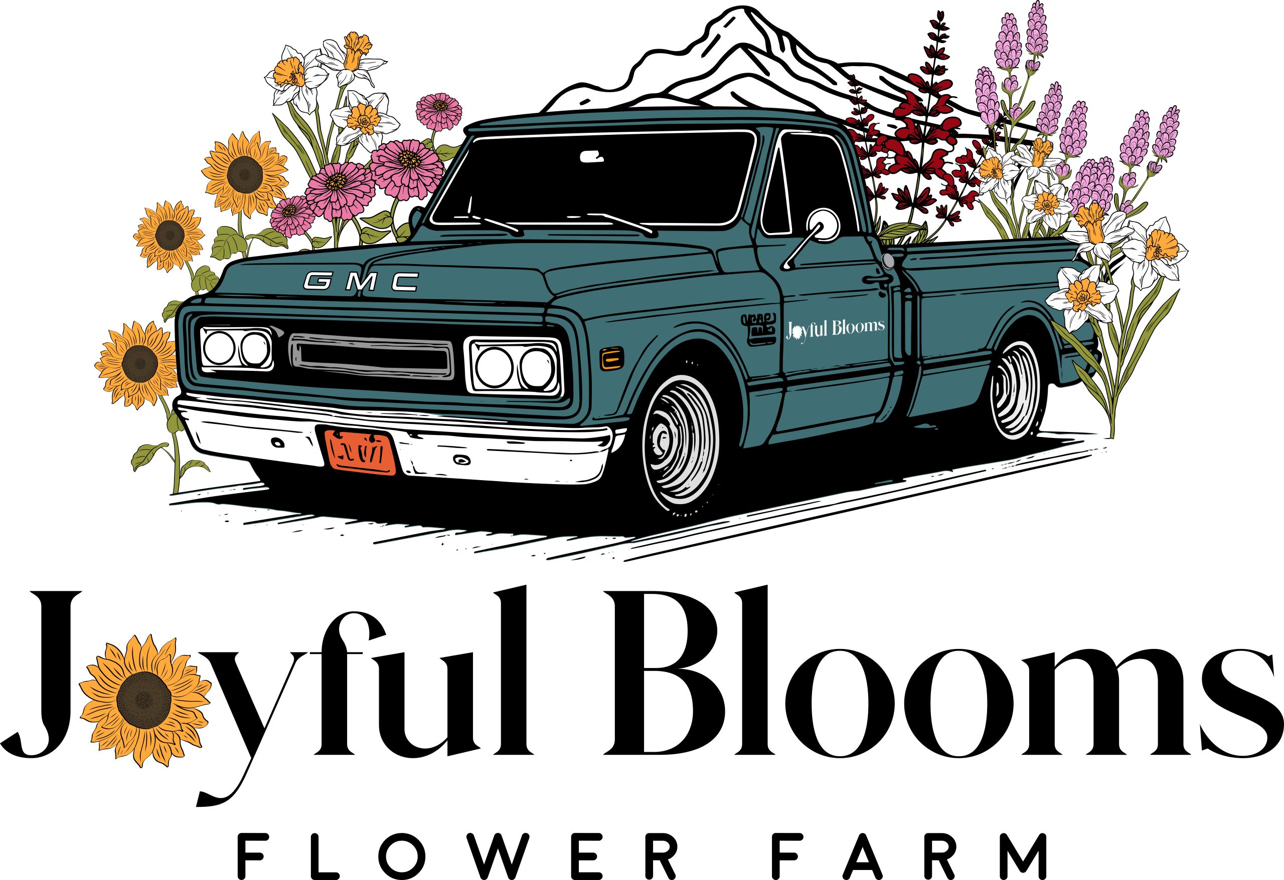 The Joyful Blooms Flower Farm logo: a teal GMC pickup surrounded by sunflowers, zinnias, daffodils and lavender, with a mountain behind